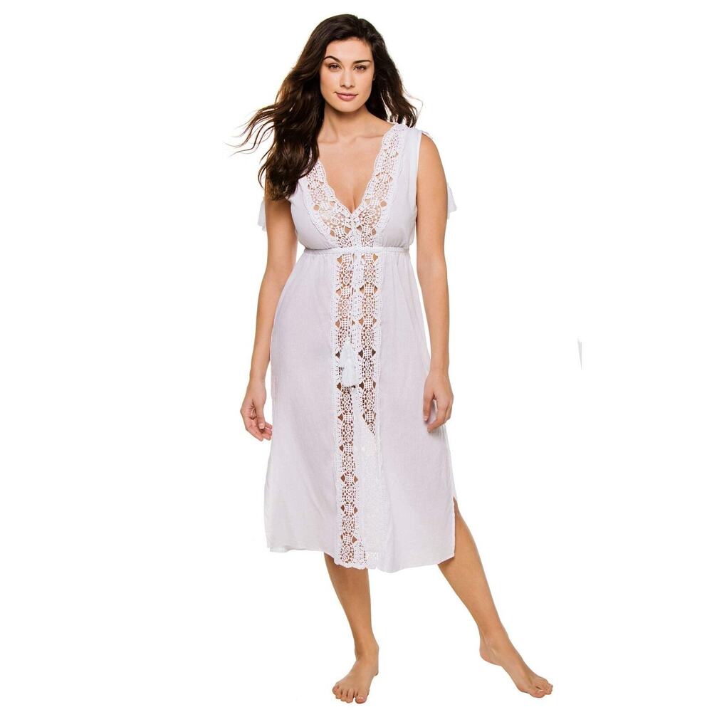 La Blanca Women Standard Tie Front Midi Dress Cover Up White Size S 1284